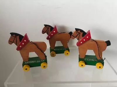 Folk ART Vintage Handmade Horse On Wheels Personalized Lot Of 3 RARE! • $45