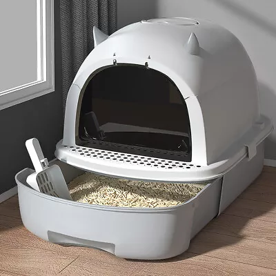 Large Grey Cat Litter Box Hooded Litter Tray Drawer Anti-Splashing Self Cleaning • £12.94