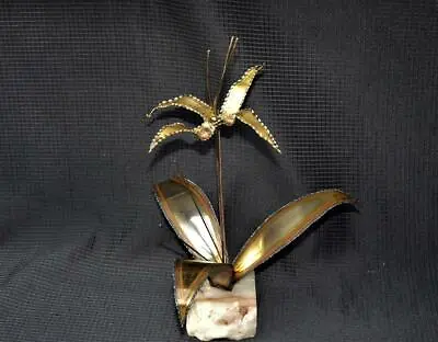 Mid Century Brutalist Brass Metal Flower Sculpture On Agate Base Signed Art • $29.98