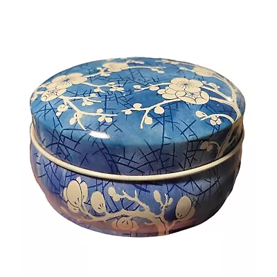 Vintage Daher Decorated Ware Blue White Cherry Blossom Tin England Floral Round • $16.99