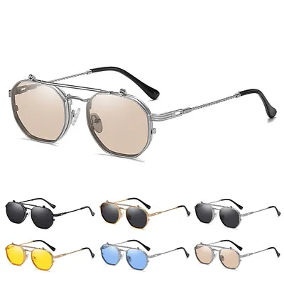 Retro Flip-Up Sunglasses Steampunk Vintage Glasses Classic Metal Frame Eyewear • $12.69