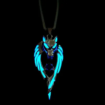 Retro Silver Plating Sky Blue Luminous Wolf Head Pendant Necklace Men Jewelry • $0.01