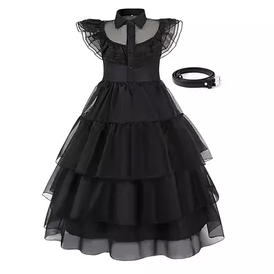 Girls Wednesday The Addams Family Black Costume Dress Kids Halloween Outfit • $24.99