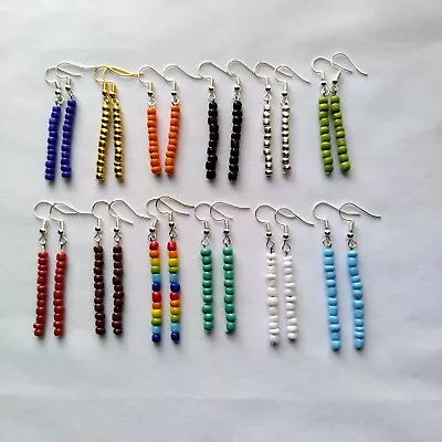 Handmade Glass Seed Beaded Dangle Hook Earrings Multi Color Linear Boho Simple • $5.09