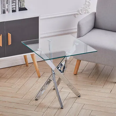 £65.95 • Buy Glass End Table Square Small Living Room Spiral Cross Chrome Leg Sofa Side Table