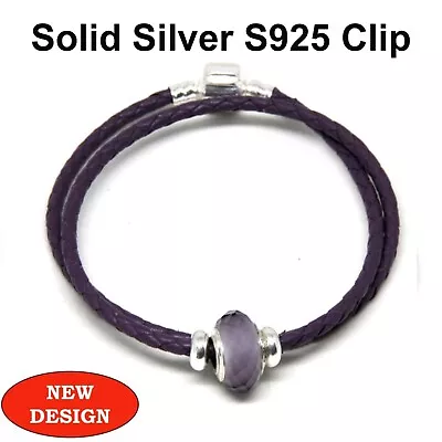 Double Leather Bracelet With S925 Silver Clip Stoppers & Murano Charm In Purple • £14.99