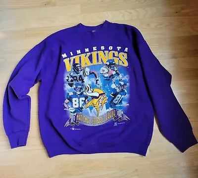 VINTAGE 1998 Purple Minnesota Vikings NFC Champs Sweatshirt Moss Carter Reed Lg • $67.99