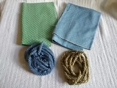 3 Scraps Upholstery Material Fabric Green Polka & Blue Scalloped + Trim Offcuts • £5