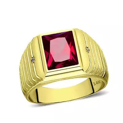 Solid 14K Yellow Gold Red Ruby Ring With 0.04ct Natural Diamonds Mens Fine Ring • $854