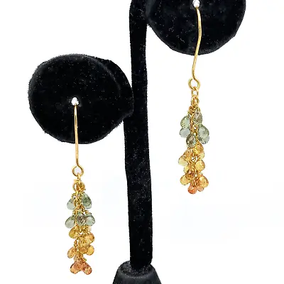 18k Gold Briolette Multi Color Sapphire Tassel Dangle Drop Earrings • $395