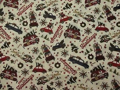 Red Truck Vw Bug Trailer Tree Station Wagon Winter Holiday Cotton Fabric Bthy • $5.60