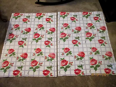 Vintage Barkcloth Curtains With Pink And Burgundy Roses On A Grey Grid • $29.99