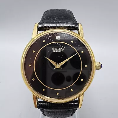 Vintage Seiko Watch Men 32mm Black DIal Gold Tone Diamond 2620-0249 New Battery • $49.99