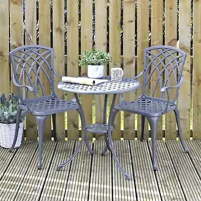 Garden Bistro Set Grey Metal Art Nouveau Cast Aluminium Table Chairs Azuma • £99.99