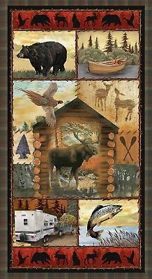 Moose Bear Camper Scenes Fabric Animals Wilderness Trail Cotton Blank 24  Panel • $8.95