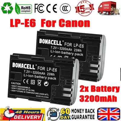£17.99 • Buy 2x 3200mAh LP-E6 Battery For Canon EOS 5DS 5D 60Da 70D 80D 90D XC10 Mark II IV