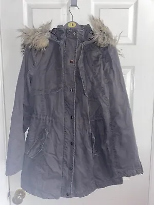 Grey Miss Selfridge Parka Coat With Removable Fur Hood Uk 12 • £7