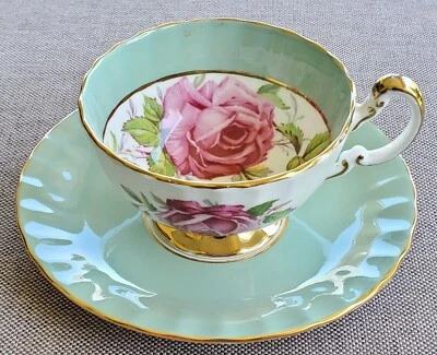 £363.76 • Buy Aynsley Teacup & Saucer Set Vintage Antique Huge Cabbage Rose Rare Sage Green
