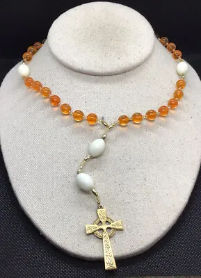 Vintage Gold Tone Costume Orange Glass Beaded Rosary 16  MM618 • $8.99