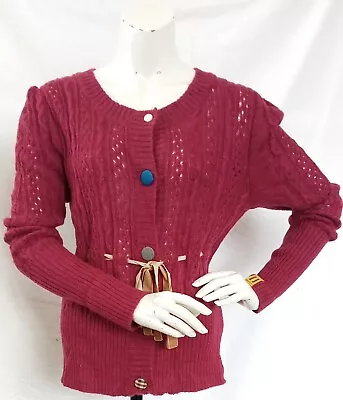 NUMPH Maroon Crew Neck Odd Button Detail Tie Waist Cardigan UK Size M • £10