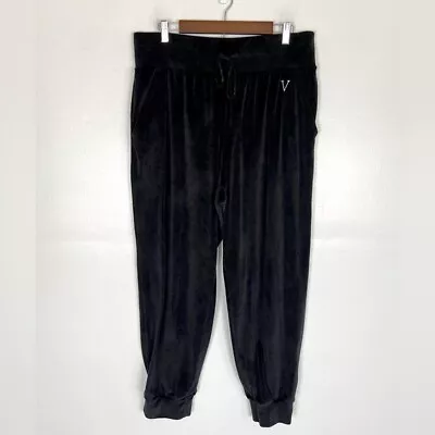 Victoria's Secret Velour Pants Size XL Black Pull On Downstring Pockets Tapered • $24.89