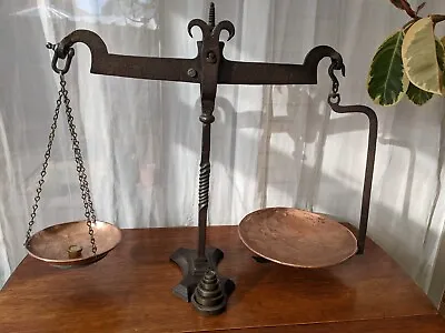 £49 • Buy Antique Cast Iron  Shop Weighing Scales + Weights Copper Pans Crown GR - Display