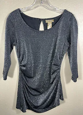 Miss Tina Black Top Silver Sparkle Sz S /CH 4-6 3/4 Sleeve Keyhole Ruched 1-1 • $9.99