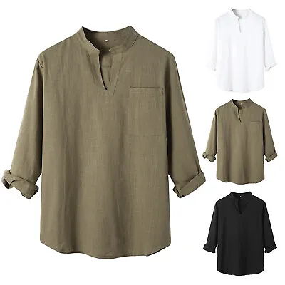 Mens Cotton Linen Henley Shirt Casual Long Sleeve V Neck Hippie Loose Beach Tops • £7.46