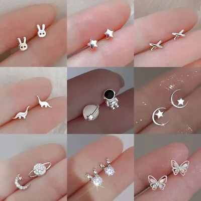 Fashion 925 Silver Lovely Rabbit Moon Heart Zircon Ear Stud Hoop Earrings Women • $1.31