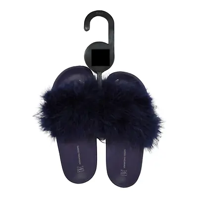 * Women's Fluffy Maribou Pool Slides Slippers * Dark Blue Color Size SMALL (5-6) • $34.99