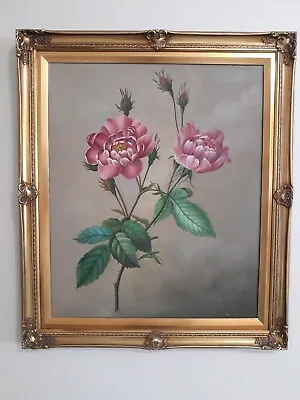 Vintage Oil On Canvas - Pink Roses - Gold Frame - 29  X 25  Excellent Condition  • $80