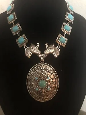 Vintage Faux Turquoise Horse Shoe  Medallion Statement Necklace-Repurposed OOAK • $53.99