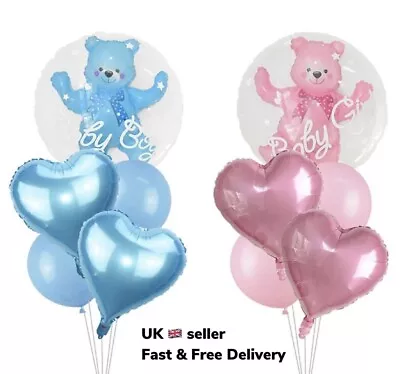 Double Bubble Bear Balloon Blue Pink Baby Shower Boy Girl Birthday Decorations • £3.49