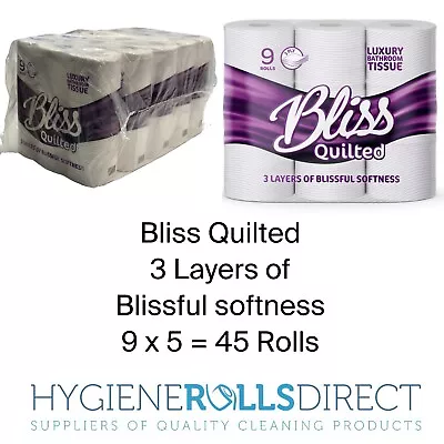 45 Rolls Bliss 3ply Luxury Quilted 3 Ply Toilet Rolls Luxury Soft Tissue 9 PACK  • £18.95