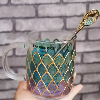 Starbucks Blue Fish Scale Glass Coffee Mugs W/ Stirring Rod Cups Limited Edition • $27.25