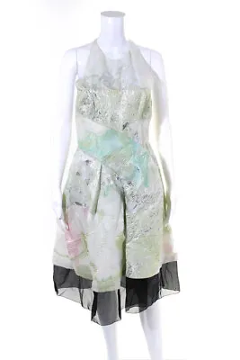 J. Mendel Womens Metallic High Neck Zippered Open Back Dress Green White Size 8 • $168.01