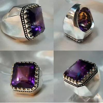 Solid 925 Sterling Silver Natural Purple Amethyst Cut Gemstone Wedding Mens Ring • $44.89