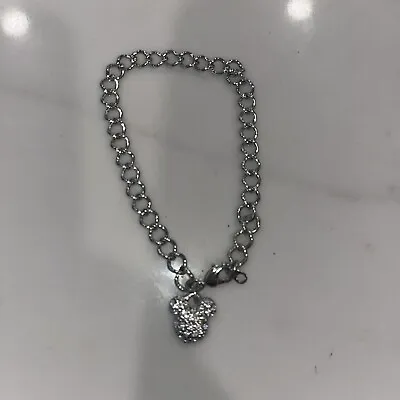 Vintage Disney Mickey Mouse Crystal Rhinestone Silver Charm Clasp Bracelet 8” • $12.90