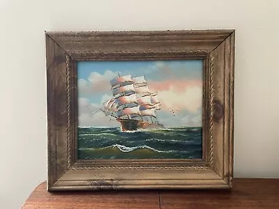 Vintage Sloop Ship Painting Pastel Seascape Ocean Nautical Decor Rustic Frame • $95