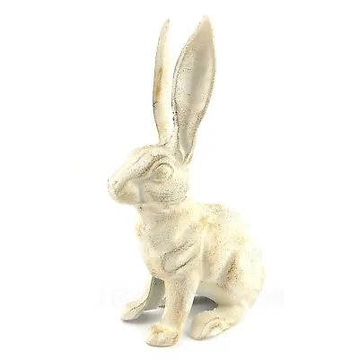 Large Rabbit Figurine Garden Statue Heavy Duty Cast Iron Antique White 10.5 Inch • $49.95