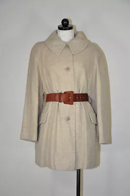 Vintage 1990s Neutral Oatmeal Beige Wool Herringbone Short Swing Coat Women L XL • $89.99
