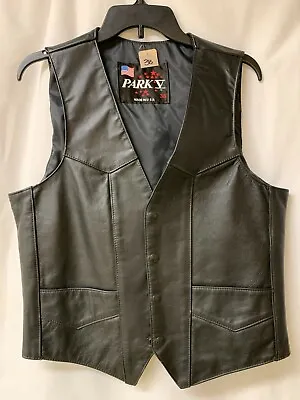 Vest Jacket Heavy Leather Motorcycle Park V Sz 38 Snaps Blk Made In The USA • $45