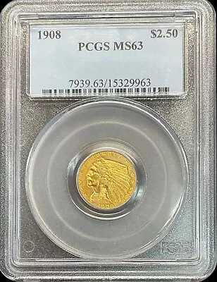 1908 Gold Usa $2.50 Dollar Indian Head Quarter Eagle Coin Pcgs Mint State 63 • $1695