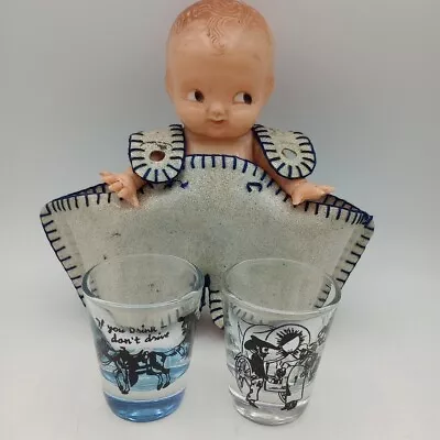 Plastic Kewpie Doll With 2 Shot Glasses With White Overalls Holder Vtg Barware  • $29.99