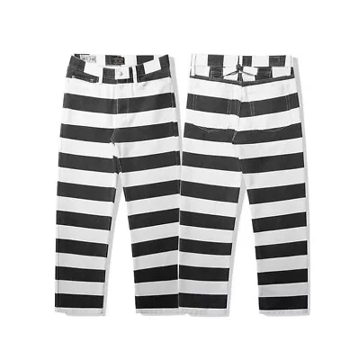 OKONKWO Men's Classic Prisoner Striped Motorcycle Jeans Pants Canvas Denim Pants • $58.48