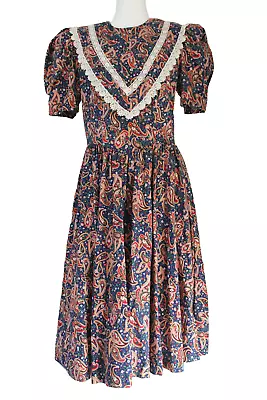 Vintage 80s Lisa Petites Size 14 Floral Paisley Fit Flare Bib Collar Maxi Dress • $28