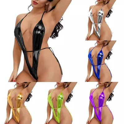 Women Shiny Sexy Slingshot Bodysuit Thongs G String Halter Bikini Suit Swimwear • $18.13