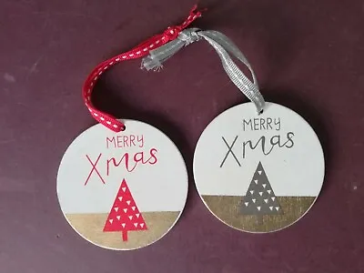 2 Handmade Wooden Merry Xmas Tree Decorations Red Silver Christmas Tree • £3.50