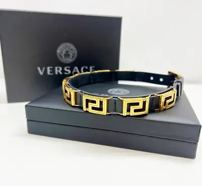 Versace Versace Greca Greek 1007313 Black Leather Gold Plated Choker Necklace • $389