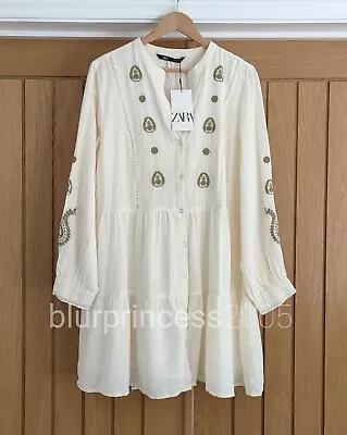 ZARA Short Kaftan Dress Embroidered Linen Blend Summer Tunic S L Ecru Green Boho • £49